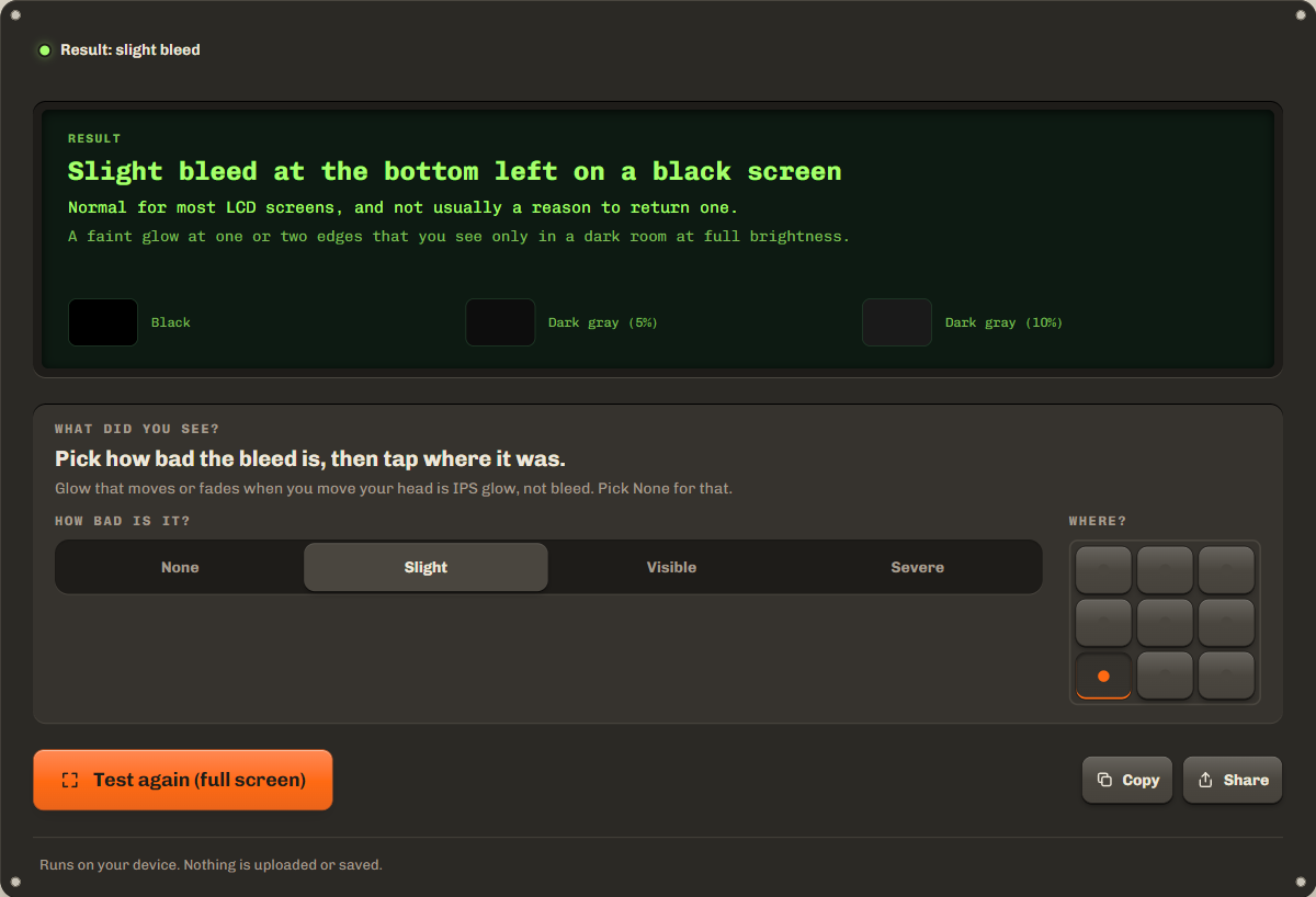 Backlight bleed test result: slight bleed at the bottom left, with the four ratings and the map of the screen