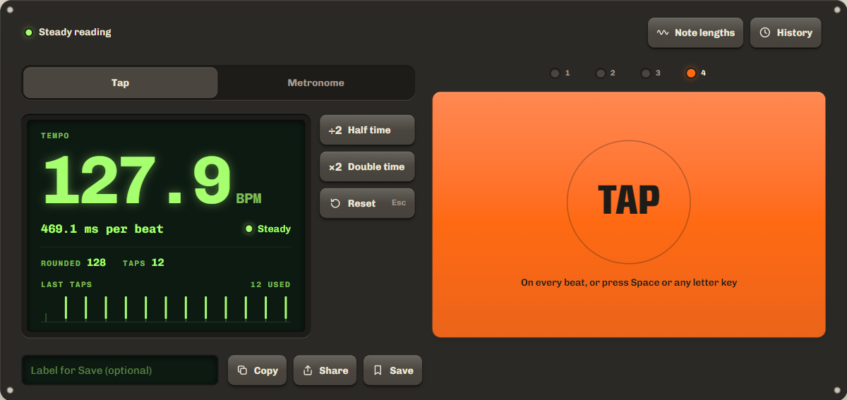 BPM tapper reading 127.9 BPM after 12 taps