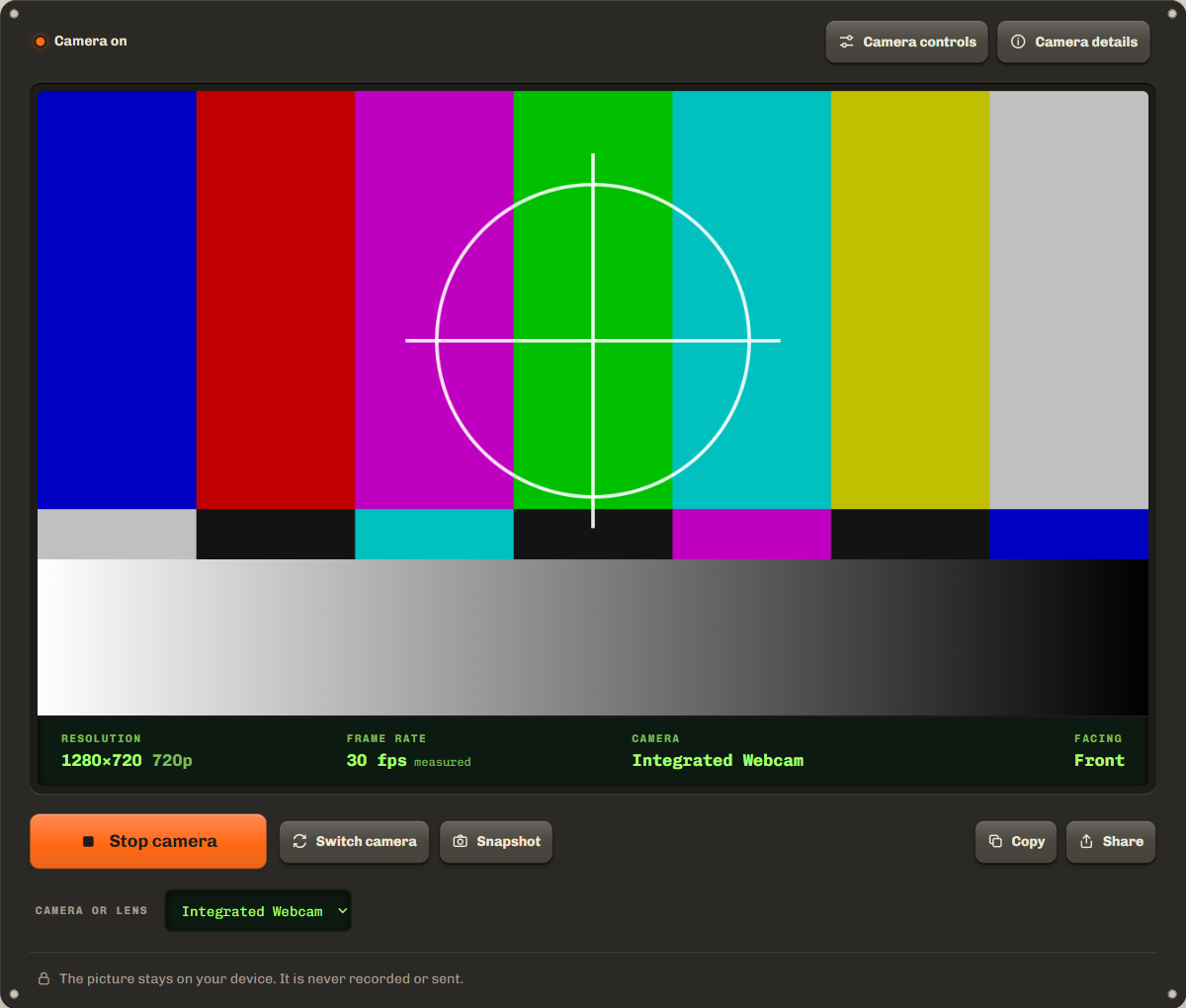 Camera test showing a live test pattern at 1280×720 and 30 fps measured, with the Camera controls and Camera details keys and the camera or lens list