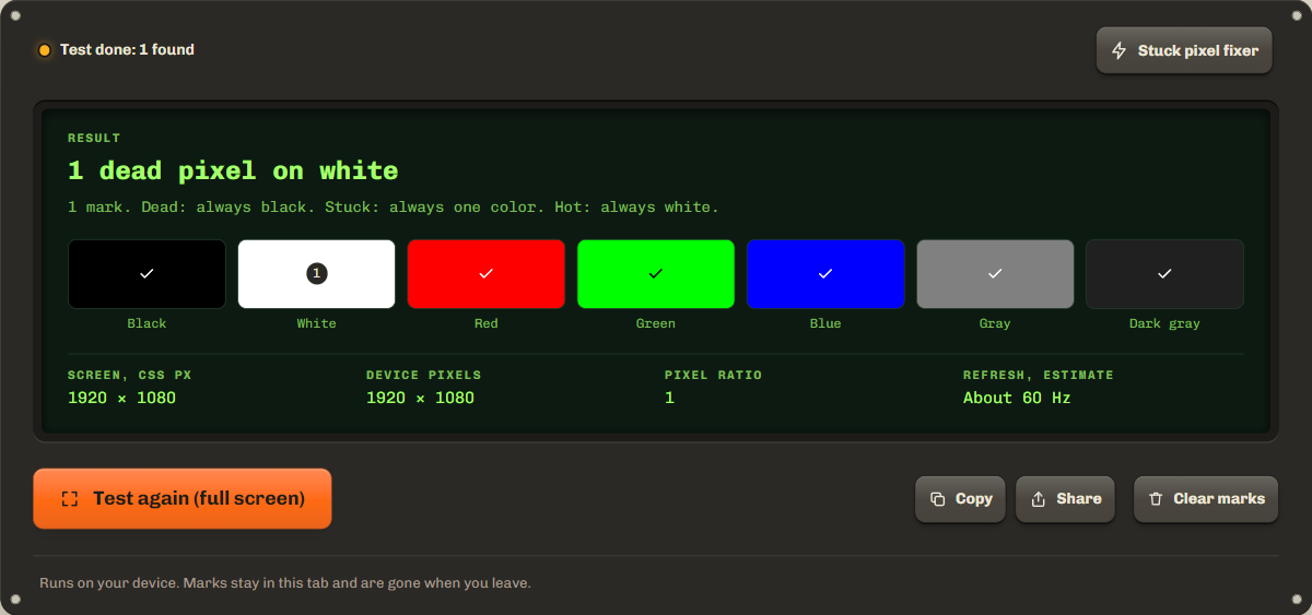 Dead pixel test result: one dead pixel on white, with the seven test colors and the screen size