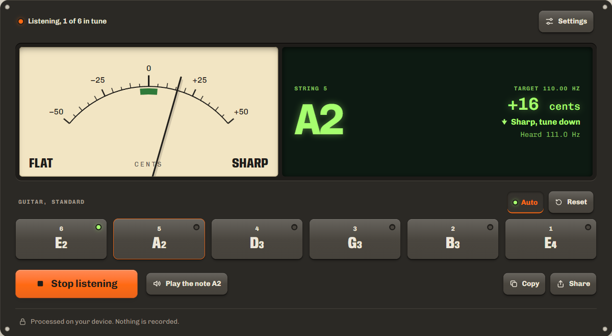 Online guitar tuner reading the A string 16 cents sharp, with the low E string already tuned