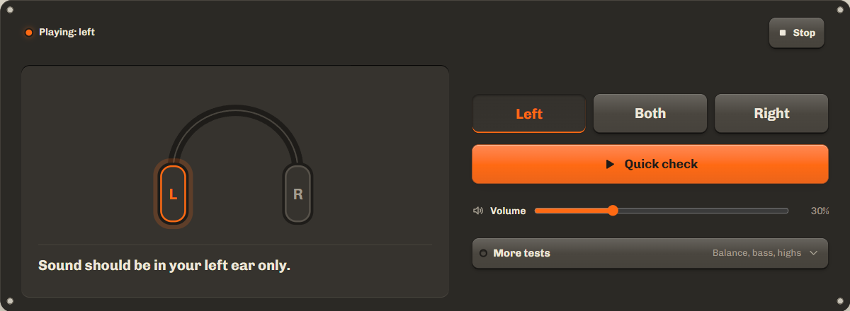 Headphone test playing the left ear: the L ear cup is lit orange and the R cup is dark