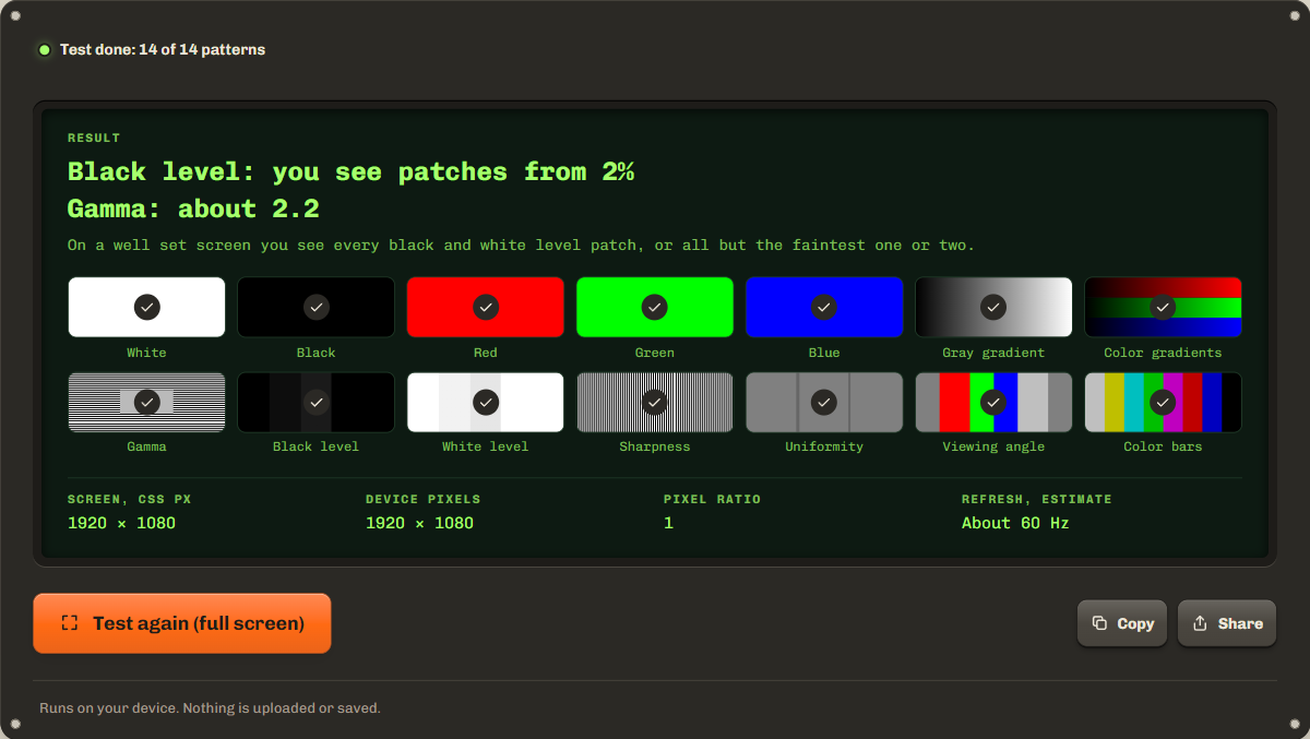 Monitor test result: black level visible from 2 percent and gamma about 2.2, with the 14 test patterns and the screen size