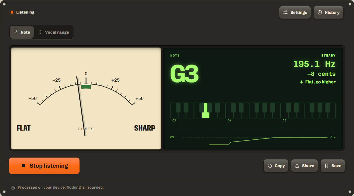 Pitch detector reading a sung note as G3, 8 cents flat