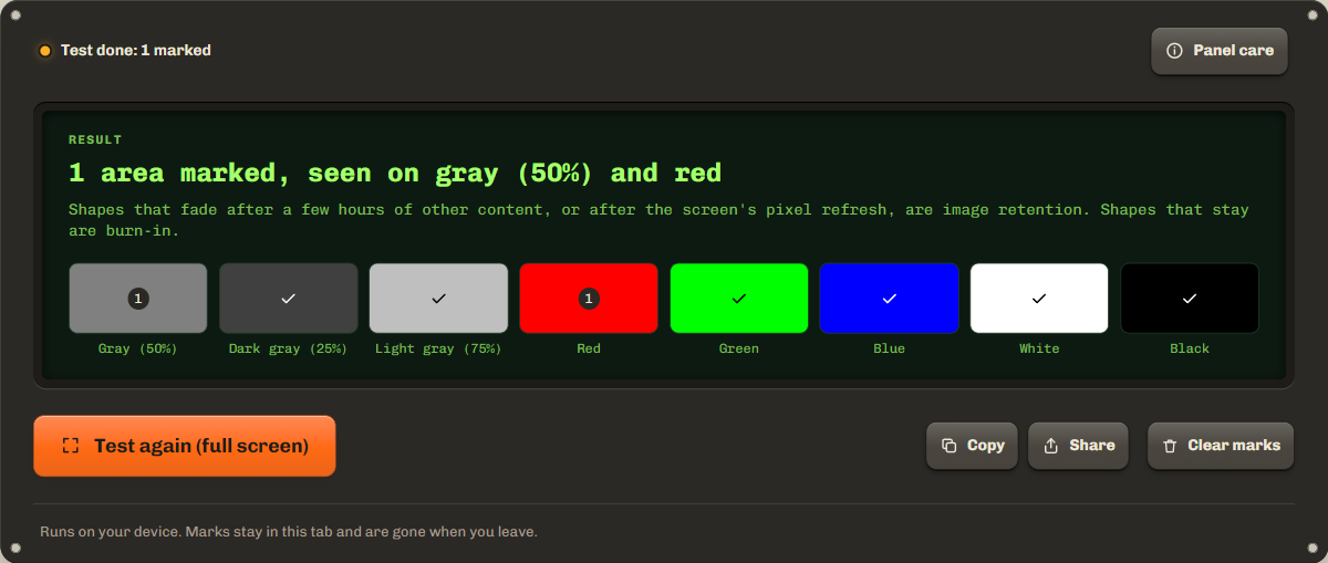 Screen burn-in test result: one area marked, seen on gray 50 percent and red, with the eight test screens