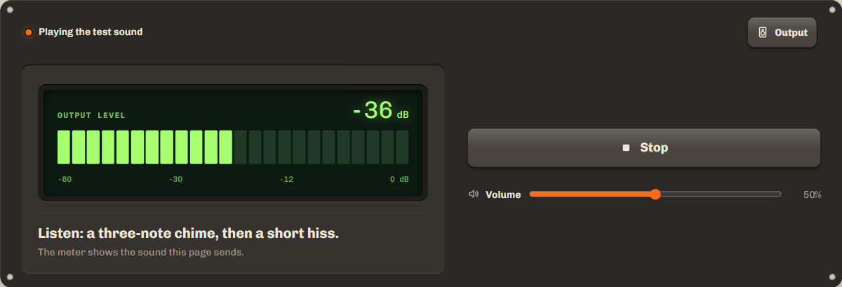 Sound test playing the test sound, with the green output level meter lit