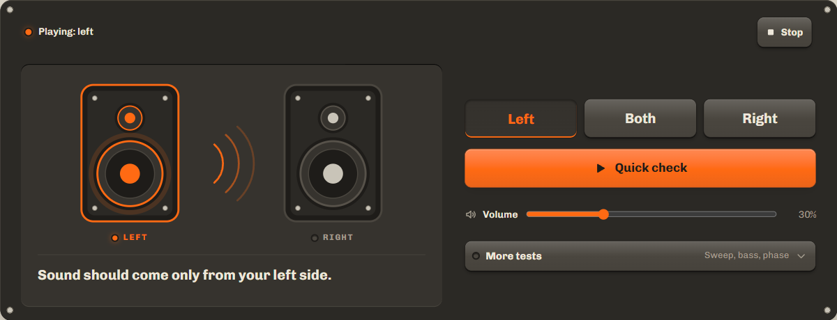 Speaker test playing the left channel: the left speaker is lit orange and the right one is dark