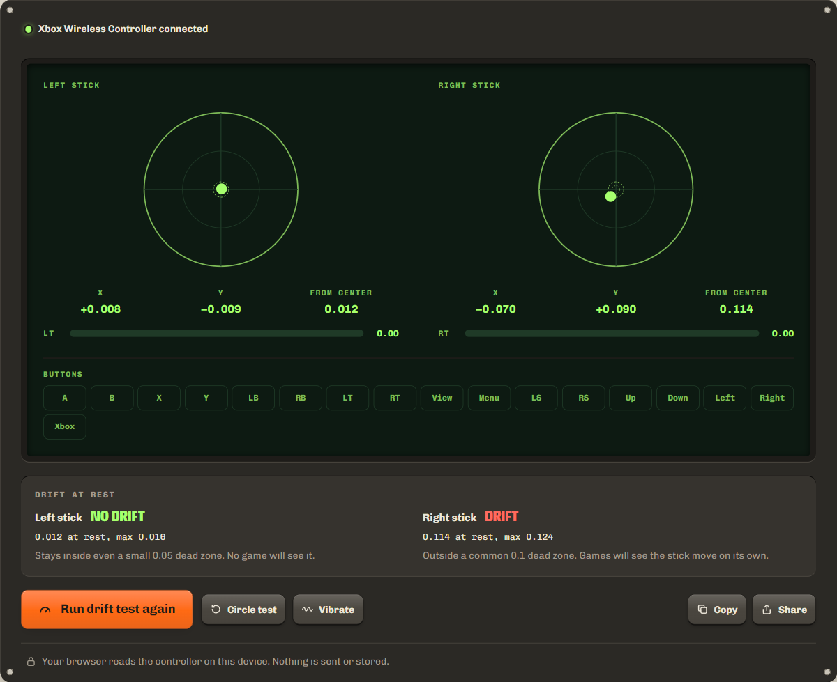 Stick drift test result: left stick no drift at 0.012, right stick drift at 0.114, with both sticks drawn as circles