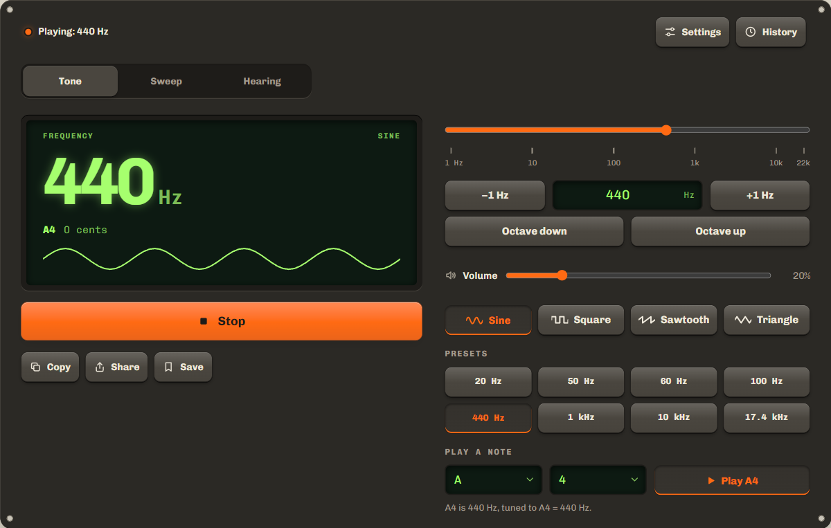 Online tone generator playing a 440 Hz sine wave