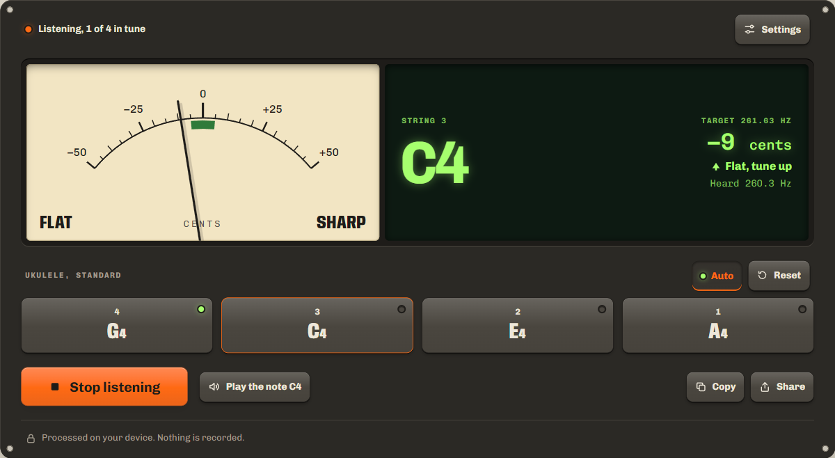 Online ukulele tuner reading the C string 9 cents flat, with the G string already tuned